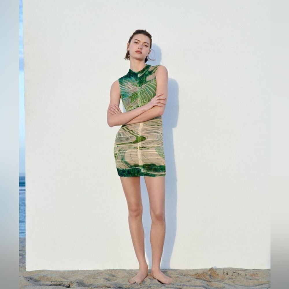 ZARA PRINTED TULLE DRESS GREEN - Picture 11 of 16